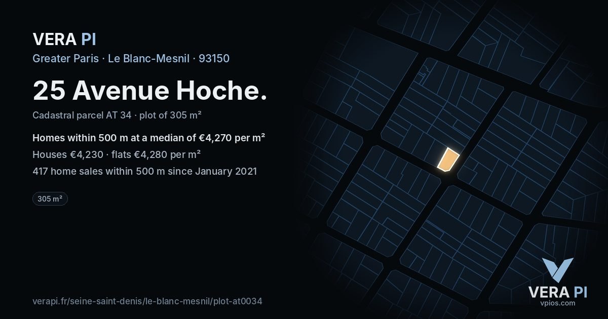 25 Avenue Hoche, Le Blanc-Mesnil at night – the plot lit, the parcels around coloured by the prices near them
