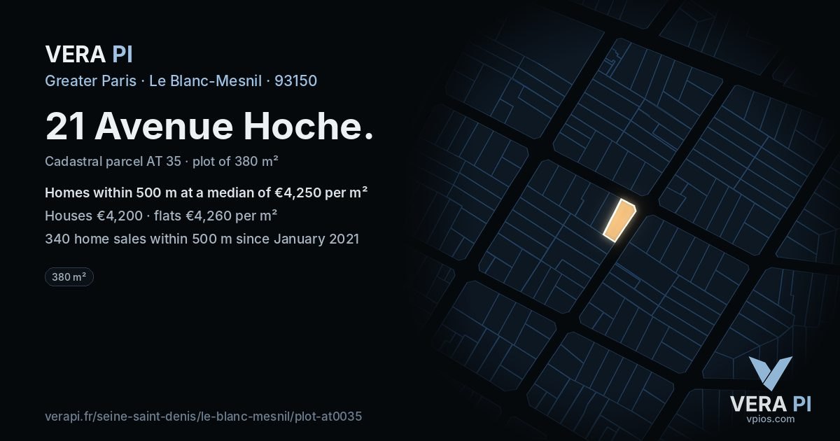 21 Avenue Hoche, Le Blanc-Mesnil at night – the plot lit, the parcels around coloured by the prices near them