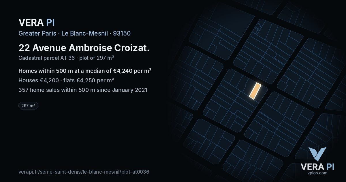 22 Avenue Ambroise Croizat, Le Blanc-Mesnil at night – the plot lit, the parcels around coloured by the prices near them