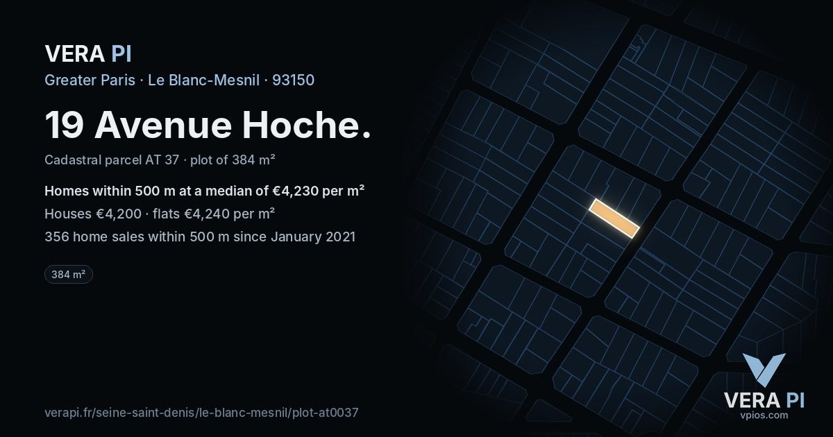 19 Avenue Hoche, Le Blanc-Mesnil at night – the plot lit, the parcels around coloured by the prices near them