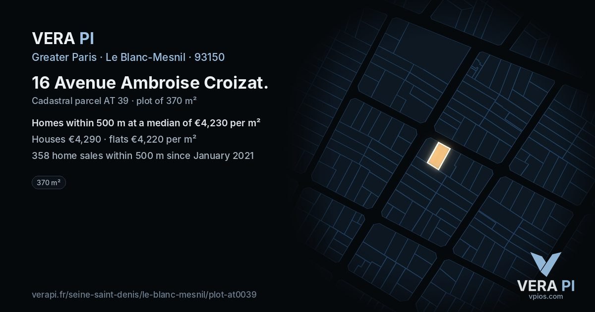 16 Avenue Ambroise Croizat, Le Blanc-Mesnil at night – the plot lit, the parcels around coloured by the prices near them