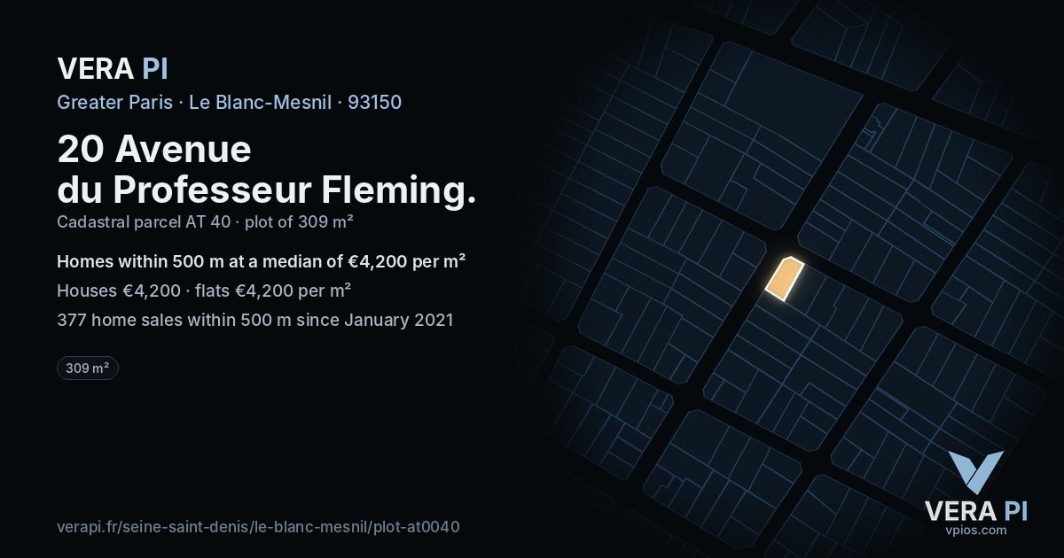 20 Avenue du Professeur Fleming, Le Blanc-Mesnil at night – the plot lit, the parcels around coloured by the prices near them