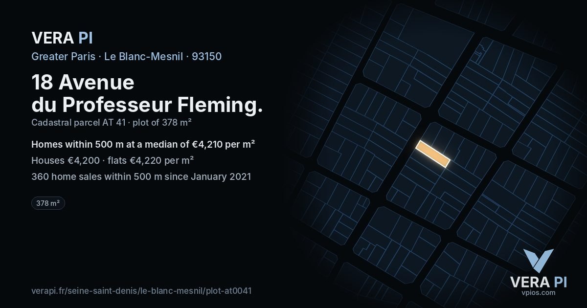 18 Avenue du Professeur Fleming, Le Blanc-Mesnil at night – the plot lit, the parcels around coloured by the prices near them