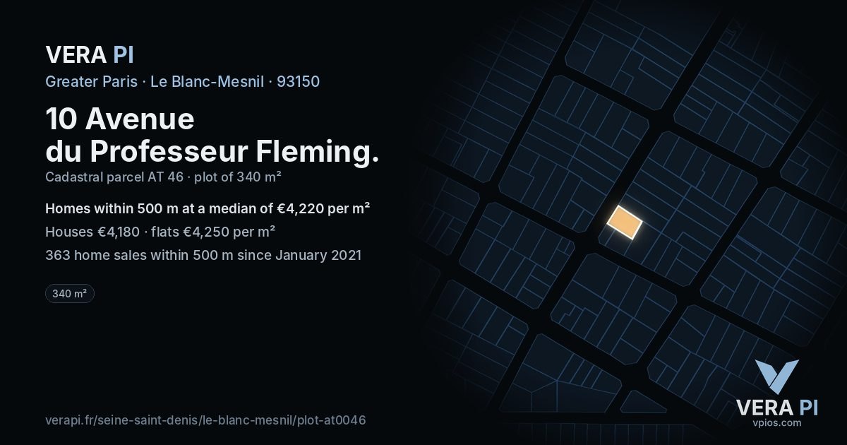10 Avenue du Professeur Fleming, Le Blanc-Mesnil at night – the plot lit, the parcels around coloured by the prices near them
