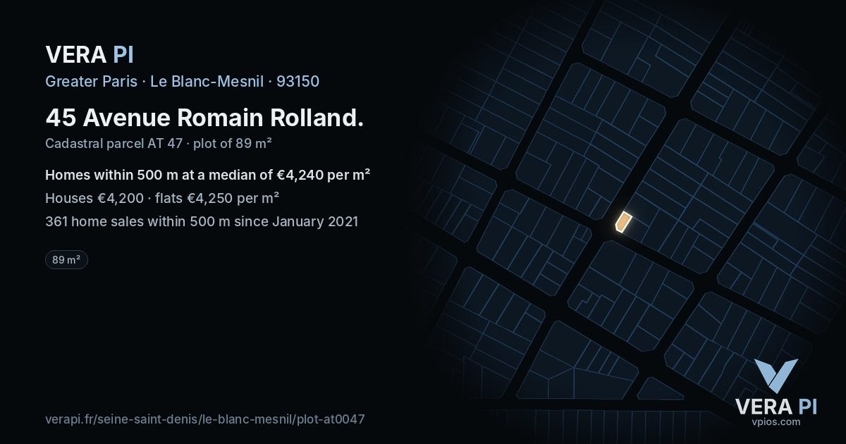 45 Avenue Romain Rolland, Le Blanc-Mesnil at night – the plot lit, the parcels around coloured by the prices near them