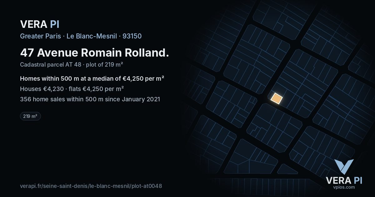 47 Avenue Romain Rolland, Le Blanc-Mesnil at night – the plot lit, the parcels around coloured by the prices near them