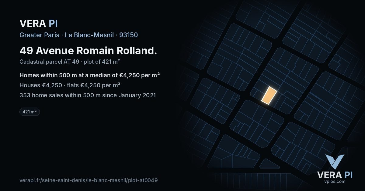 49 Avenue Romain Rolland, Le Blanc-Mesnil at night – the plot lit, the parcels around coloured by the prices near them