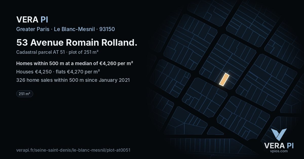 53 Avenue Romain Rolland, Le Blanc-Mesnil at night – the plot lit, the parcels around coloured by the prices near them