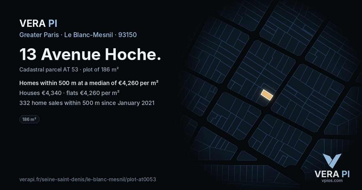 13 Avenue Hoche, Le Blanc-Mesnil at night – the plot lit, the parcels around coloured by the prices near them
