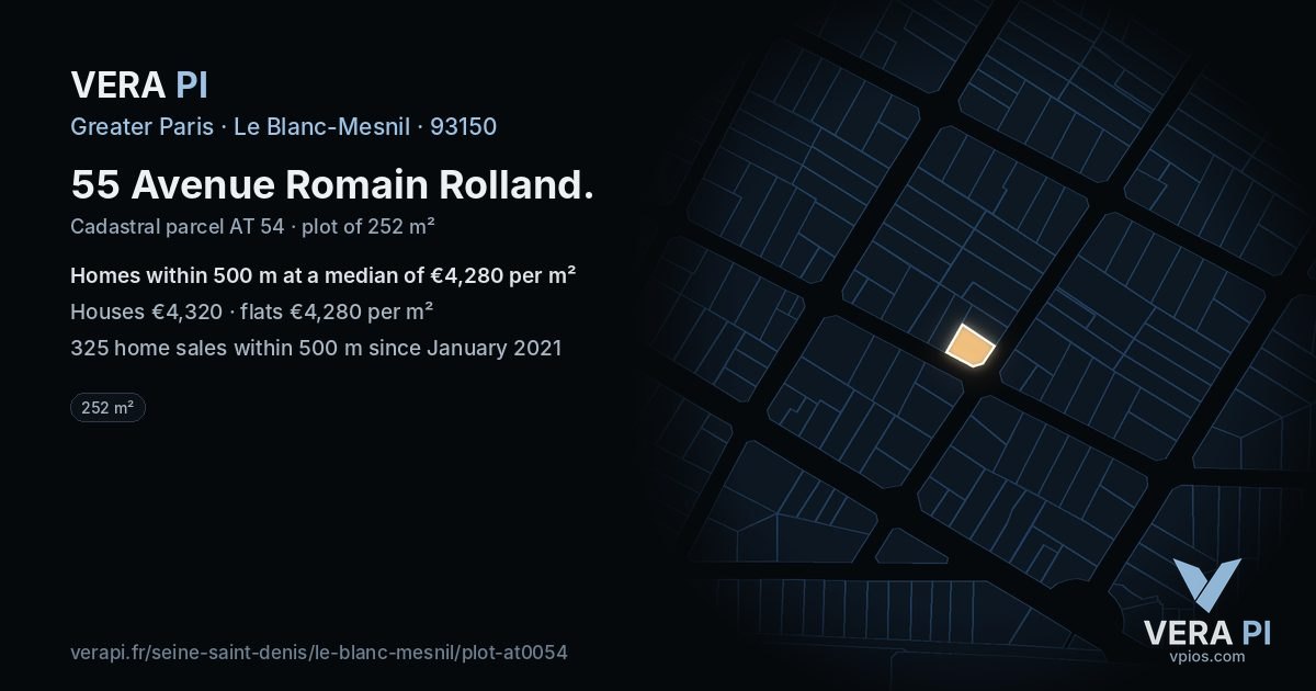 55 Avenue Romain Rolland, Le Blanc-Mesnil at night – the plot lit, the parcels around coloured by the prices near them