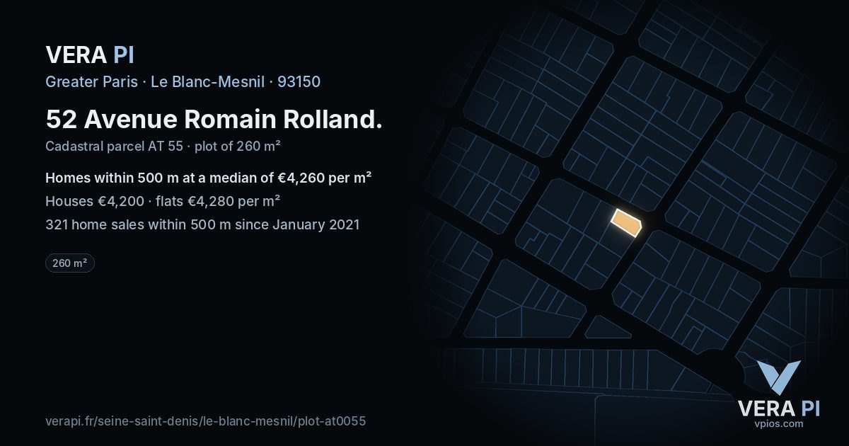 52 Avenue Romain Rolland, Le Blanc-Mesnil at night – the plot lit, the parcels around coloured by the prices near them