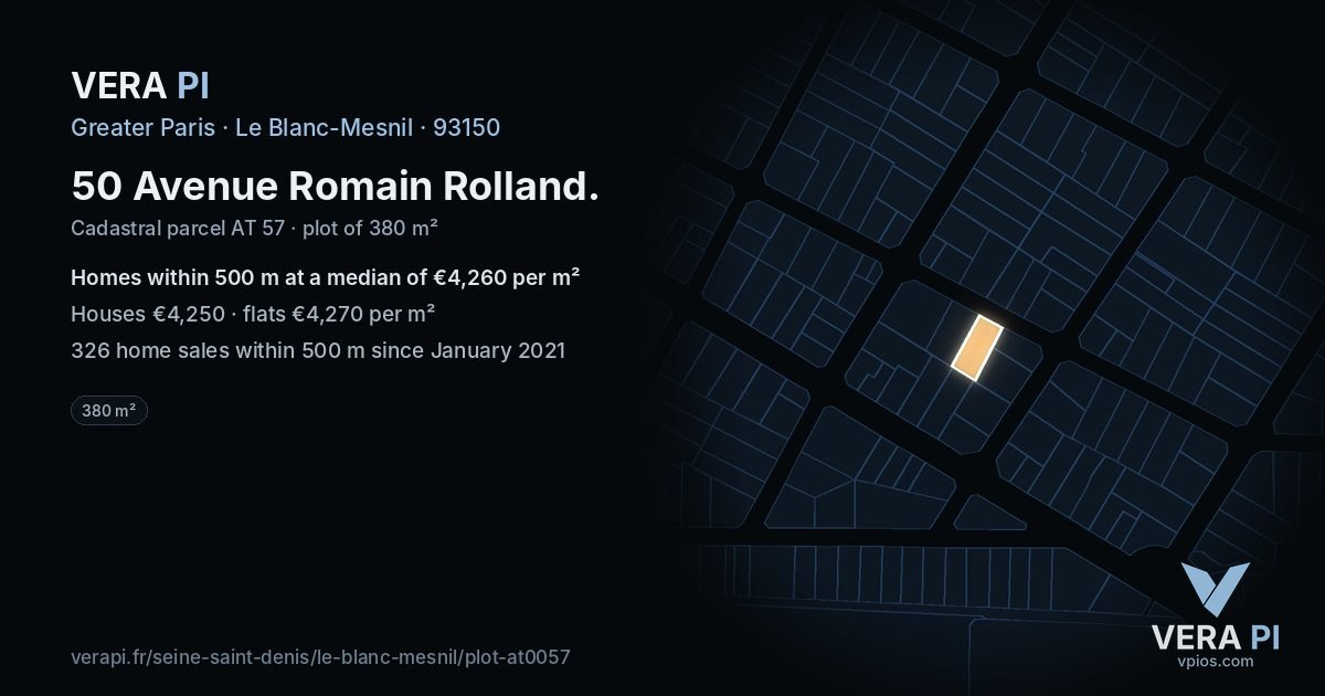 50 Avenue Romain Rolland, Le Blanc-Mesnil at night – the plot lit, the parcels around coloured by the prices near them