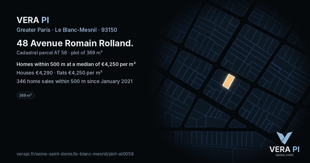 48 Avenue Romain Rolland, Le Blanc-Mesnil at night – the plot lit, the parcels around coloured by the prices near them