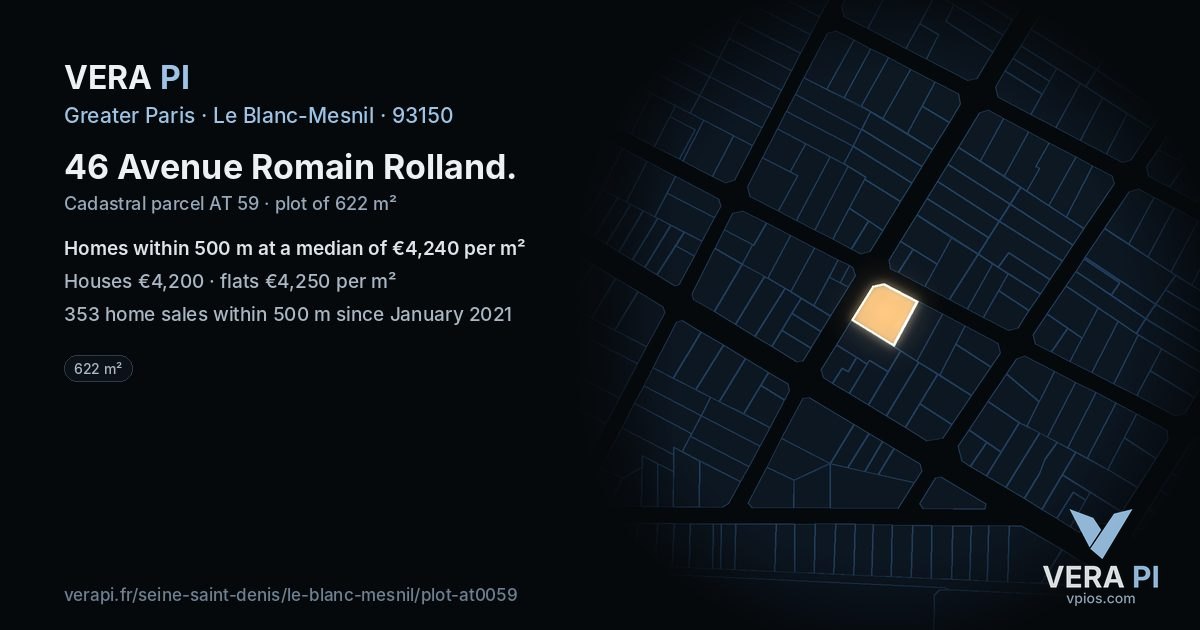 46 Avenue Romain Rolland, Le Blanc-Mesnil at night – the plot lit, the parcels around coloured by the prices near them