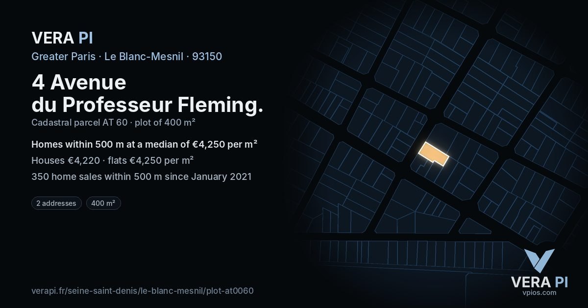 4 Avenue du Professeur Fleming, Le Blanc-Mesnil at night – the plot lit, the parcels around coloured by the prices near them