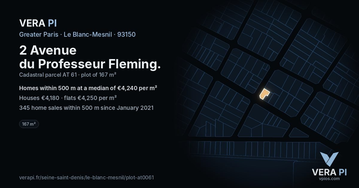 2 Avenue du Professeur Fleming, Le Blanc-Mesnil at night – the plot lit, the parcels around coloured by the prices near them