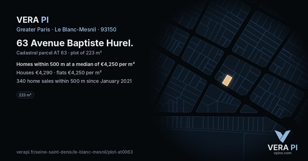 63 Avenue Baptiste Hurel, Le Blanc-Mesnil at night – the plot lit, the parcels around coloured by the prices near them