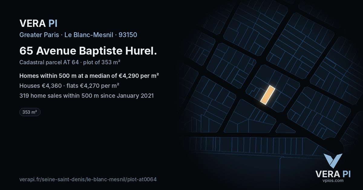 65 Avenue Baptiste Hurel, Le Blanc-Mesnil at night – the plot lit, the parcels around coloured by the prices near them