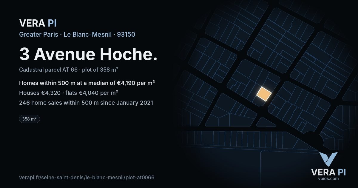 3 Avenue Hoche, Le Blanc-Mesnil at night – the plot lit, the parcels around coloured by the prices near them