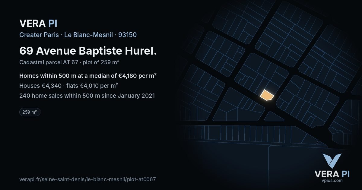 69 Avenue Baptiste Hurel, Le Blanc-Mesnil at night – the plot lit, the parcels around coloured by the prices near them