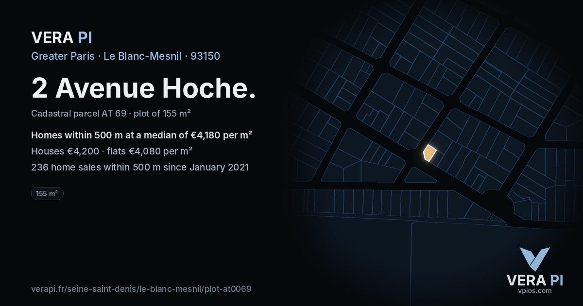 2 Avenue Hoche, Le Blanc-Mesnil at night – the plot lit, the parcels around coloured by the prices near them