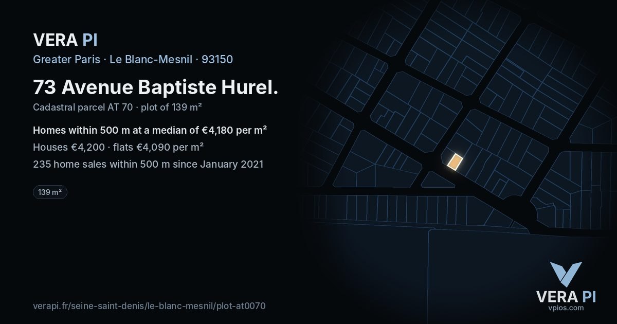 73 Avenue Baptiste Hurel, Le Blanc-Mesnil at night – the plot lit, the parcels around coloured by the prices near them