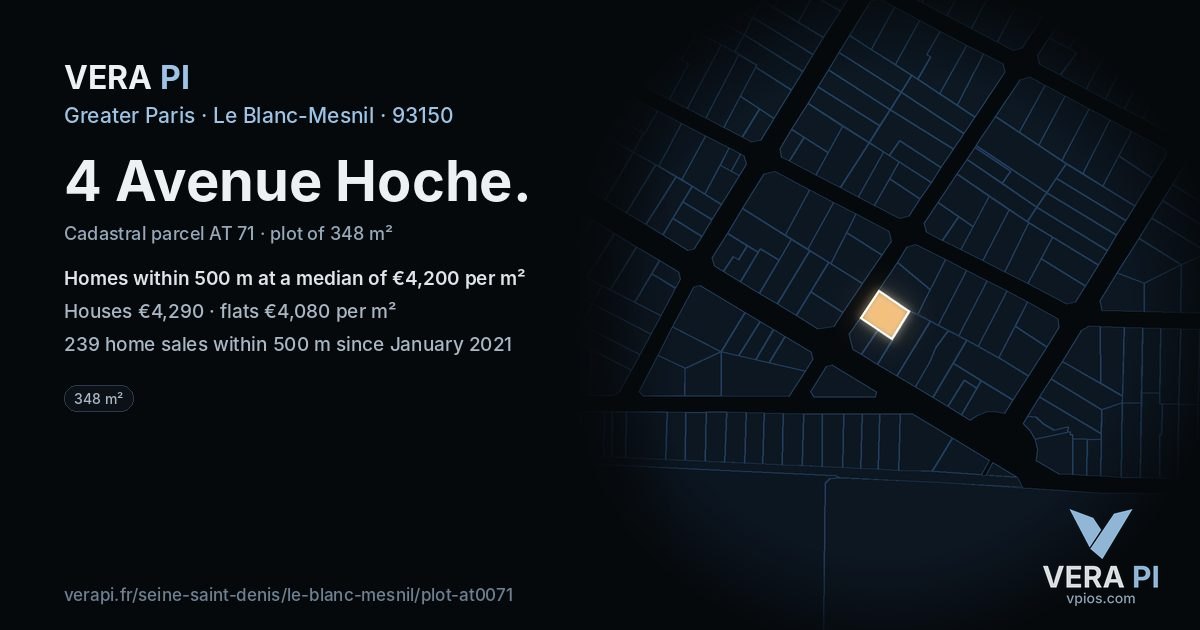 4 Avenue Hoche, Le Blanc-Mesnil at night – the plot lit, the parcels around coloured by the prices near them