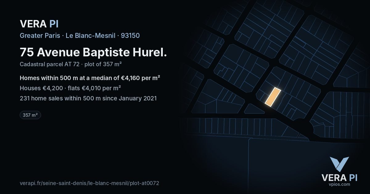 75 Avenue Baptiste Hurel, Le Blanc-Mesnil at night – the plot lit, the parcels around coloured by the prices near them