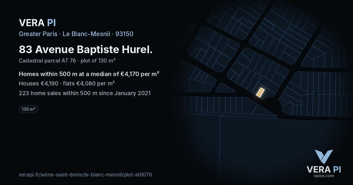 83 Avenue Baptiste Hurel, Le Blanc-Mesnil at night – the plot lit, the parcels around coloured by the prices near them