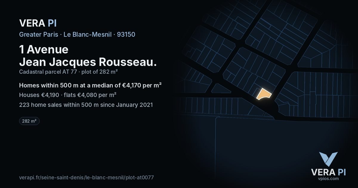 1 Avenue Jean Jacques Rousseau, Le Blanc-Mesnil at night – the plot lit, the parcels around coloured by the prices near them