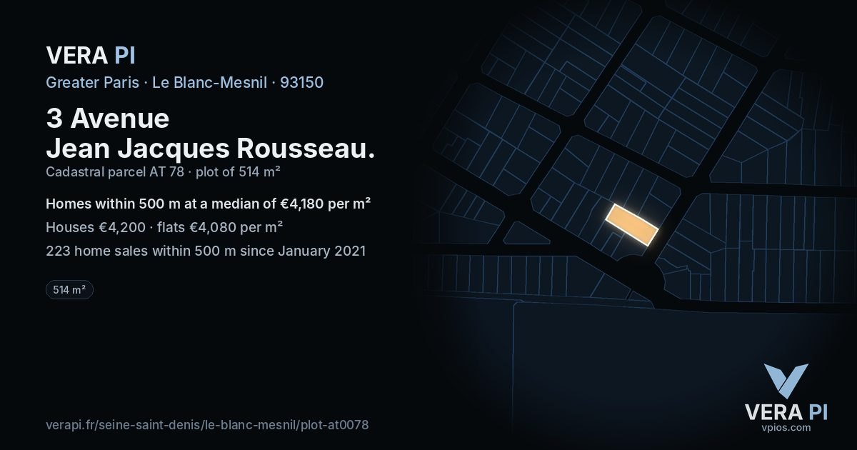 3 Avenue Jean Jacques Rousseau, Le Blanc-Mesnil at night – the plot lit, the parcels around coloured by the prices near them