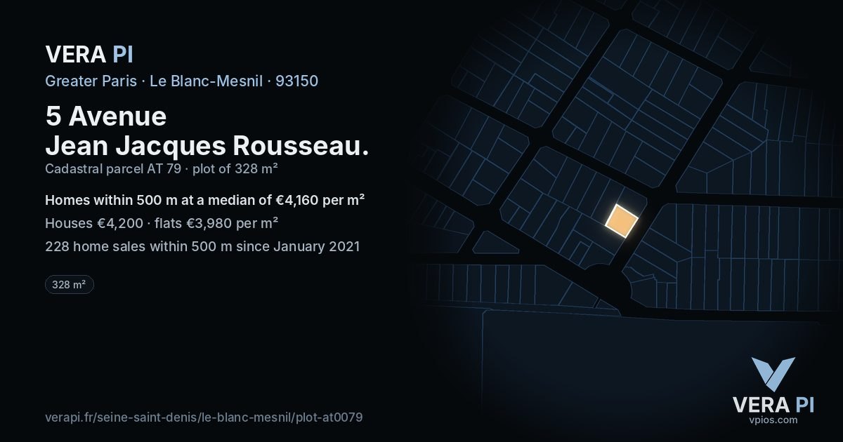 5 Avenue Jean Jacques Rousseau, Le Blanc-Mesnil at night – the plot lit, the parcels around coloured by the prices near them