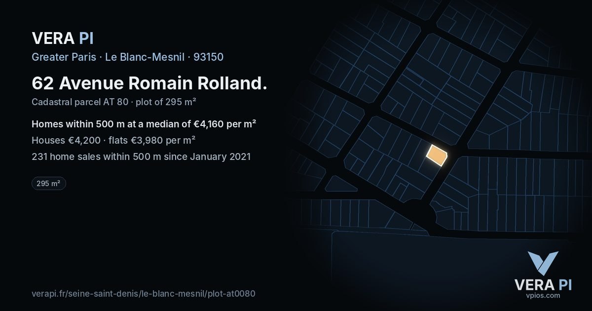 62 Avenue Romain Rolland, Le Blanc-Mesnil at night – the plot lit, the parcels around coloured by the prices near them