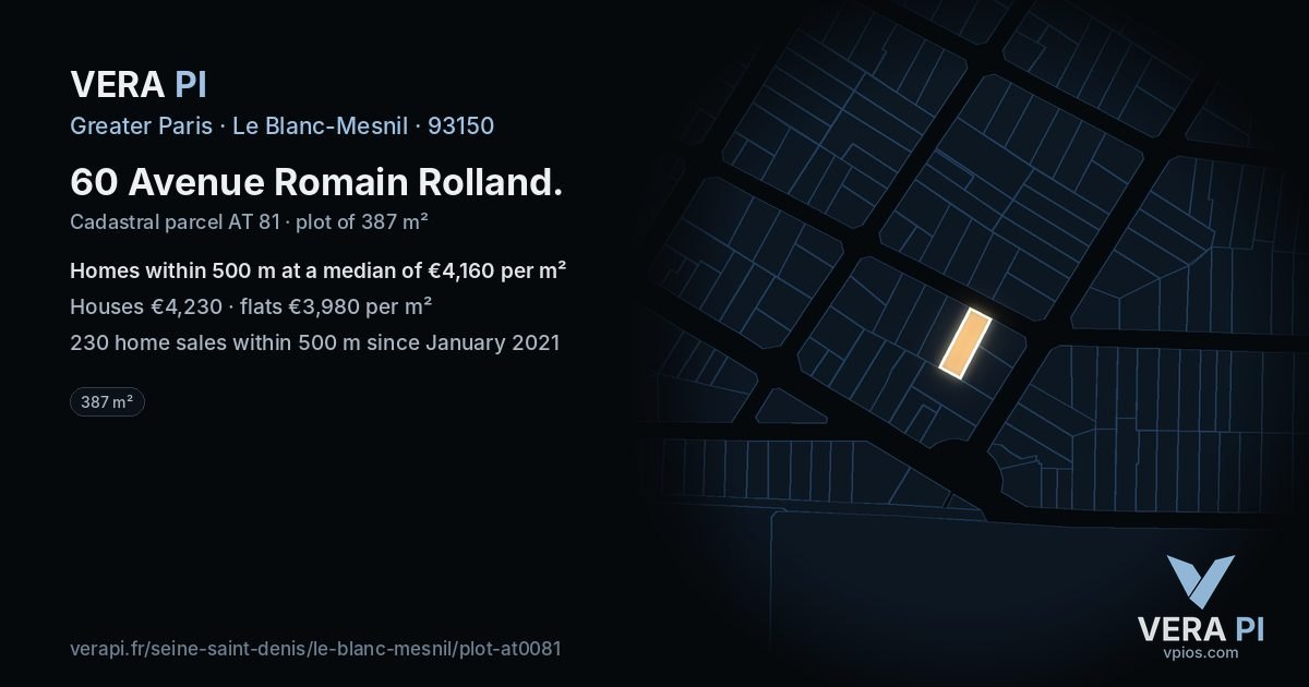 60 Avenue Romain Rolland, Le Blanc-Mesnil at night – the plot lit, the parcels around coloured by the prices near them