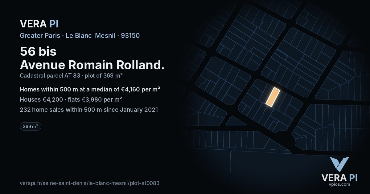 56 bis Avenue Romain Rolland, Le Blanc-Mesnil at night – the plot lit, the parcels around coloured by the prices near them