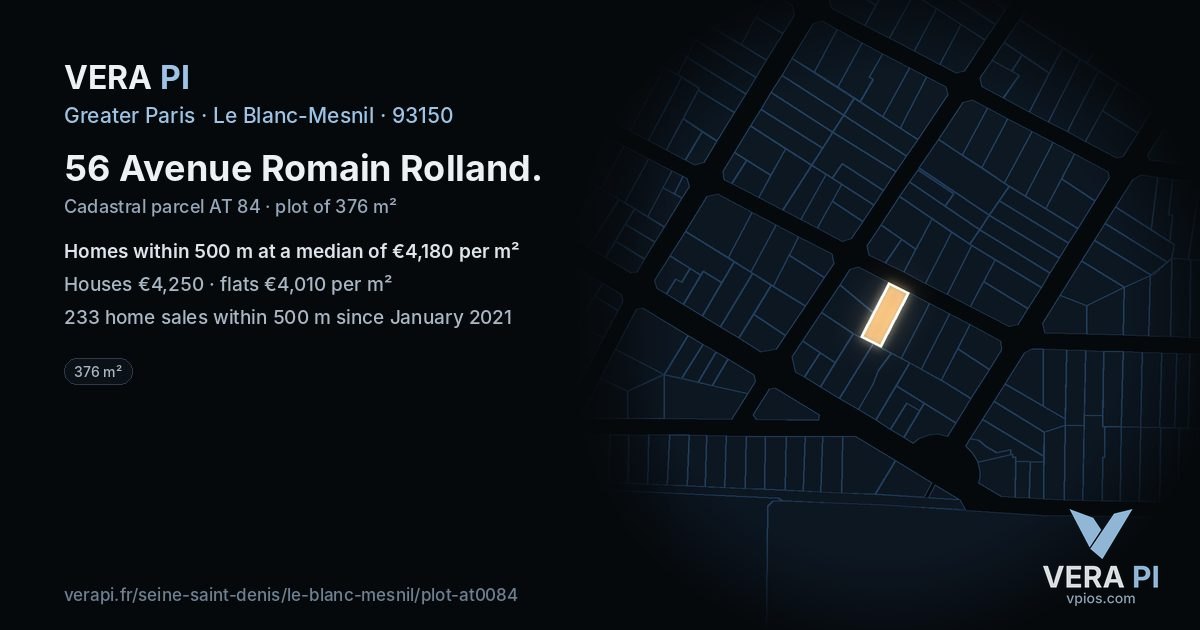 56 Avenue Romain Rolland, Le Blanc-Mesnil at night – the plot lit, the parcels around coloured by the prices near them