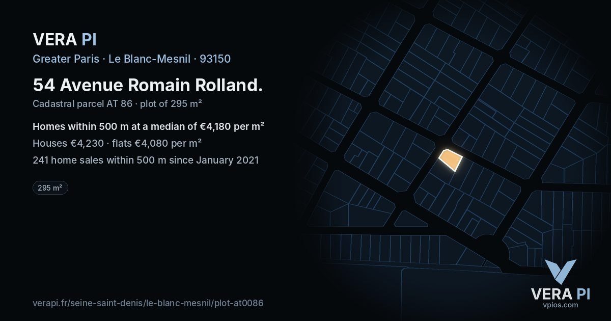 54 Avenue Romain Rolland, Le Blanc-Mesnil at night – the plot lit, the parcels around coloured by the prices near them