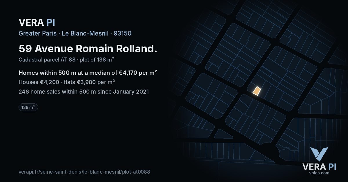 59 Avenue Romain Rolland, Le Blanc-Mesnil at night – the plot lit, the parcels around coloured by the prices near them