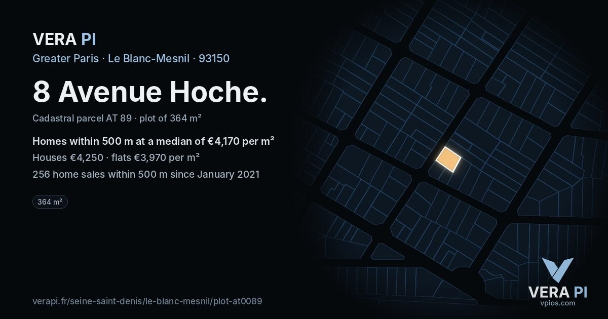 8 Avenue Hoche, Le Blanc-Mesnil at night – the plot lit, the parcels around coloured by the prices near them