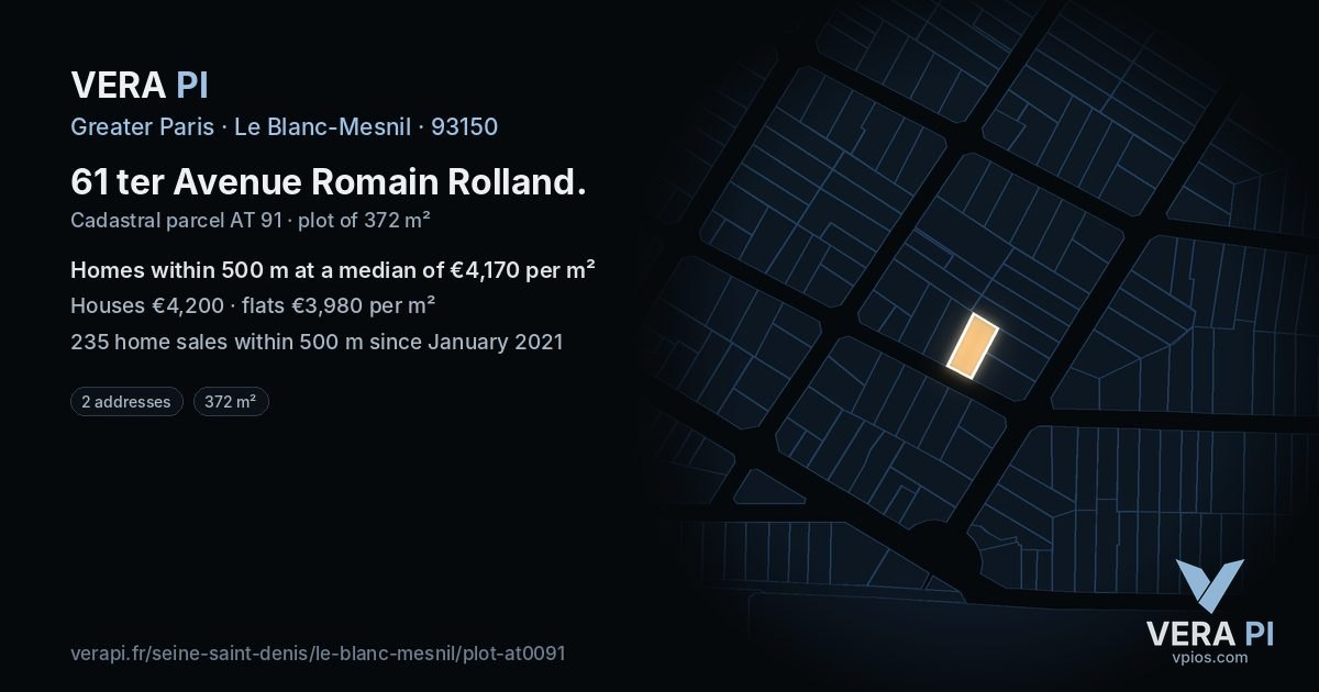 61 ter Avenue Romain Rolland, Le Blanc-Mesnil at night – the plot lit, the parcels around coloured by the prices near them