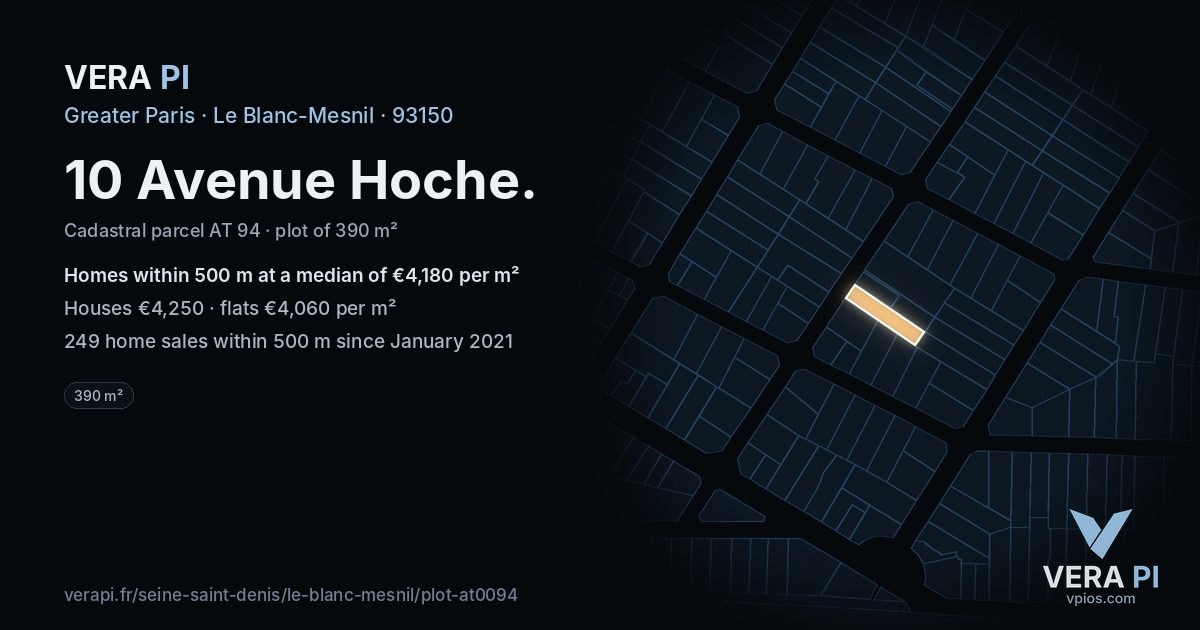10 Avenue Hoche, Le Blanc-Mesnil at night – the plot lit, the parcels around coloured by the prices near them