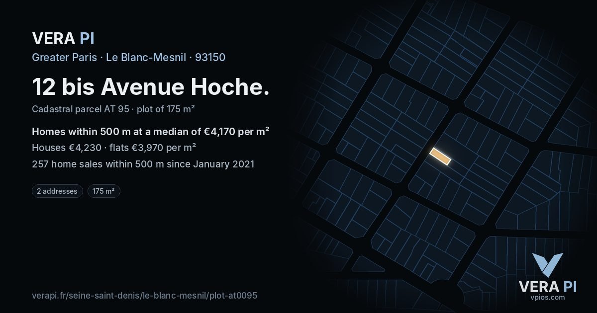 12 bis Avenue Hoche, Le Blanc-Mesnil at night – the plot lit, the parcels around coloured by the prices near them