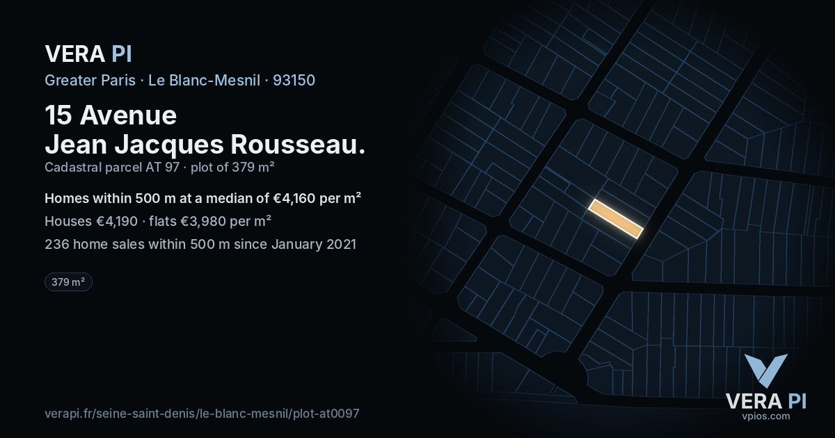 15 Avenue Jean Jacques Rousseau, Le Blanc-Mesnil at night – the plot lit, the parcels around coloured by the prices near them