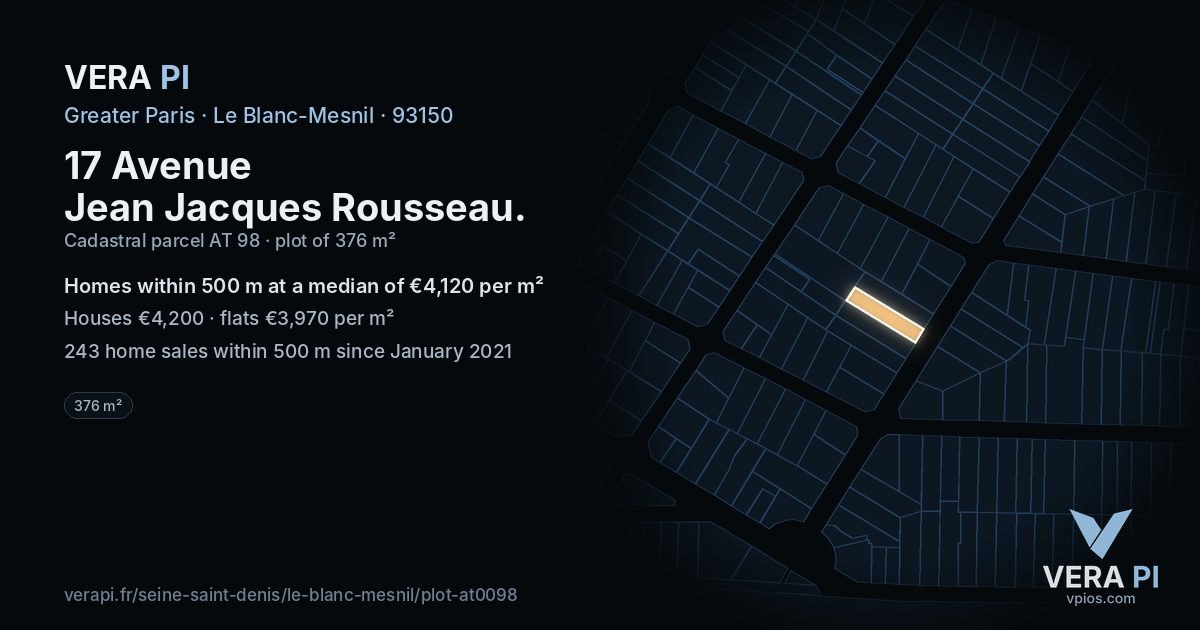 17 Avenue Jean Jacques Rousseau, Le Blanc-Mesnil at night – the plot lit, the parcels around coloured by the prices near them