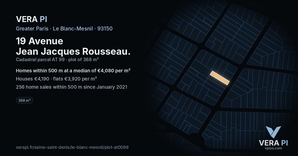 19 Avenue Jean Jacques Rousseau, Le Blanc-Mesnil at night – the plot lit, the parcels around coloured by the prices near them
