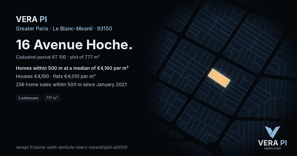 16 Avenue Hoche, Le Blanc-Mesnil at night – the plot lit, the parcels around coloured by the prices near them