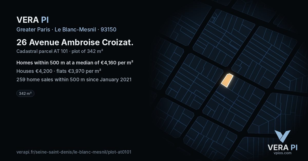26 Avenue Ambroise Croizat, Le Blanc-Mesnil at night – the plot lit, the parcels around coloured by the prices near them