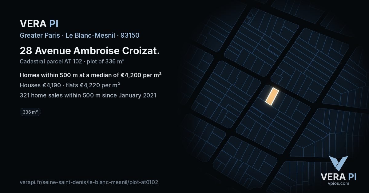28 Avenue Ambroise Croizat, Le Blanc-Mesnil at night – the plot lit, the parcels around coloured by the prices near them