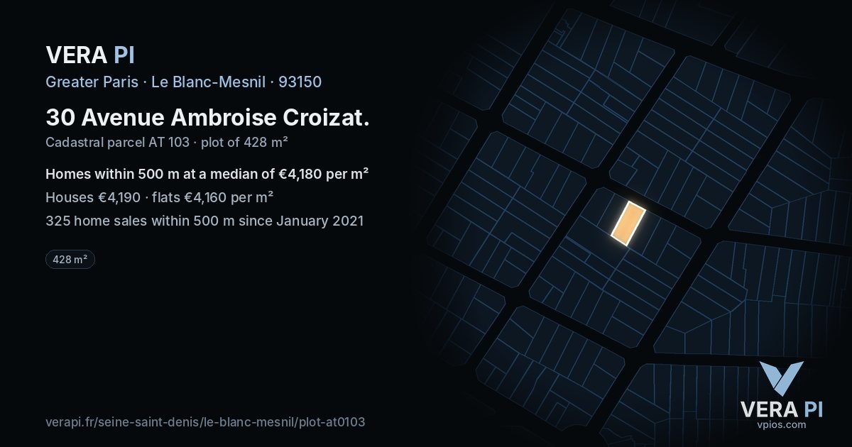 30 Avenue Ambroise Croizat, Le Blanc-Mesnil at night – the plot lit, the parcels around coloured by the prices near them