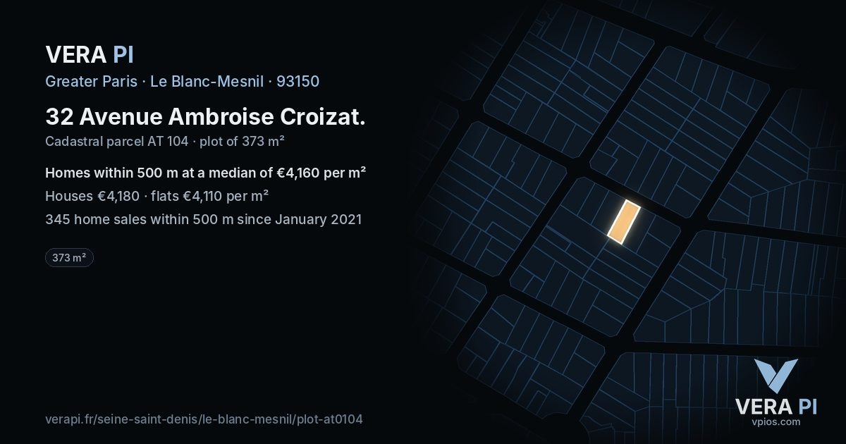 32 Avenue Ambroise Croizat, Le Blanc-Mesnil at night – the plot lit, the parcels around coloured by the prices near them